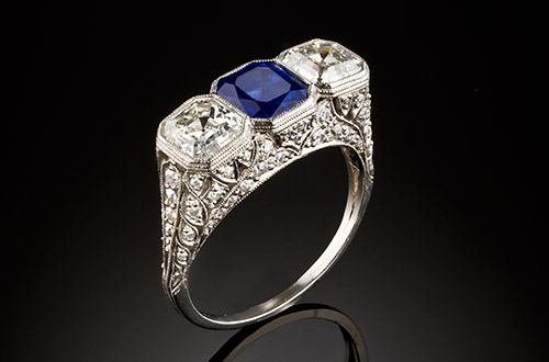 Authentic Art Deco diamond and sapphire ring at James Alfredson, Melbourne