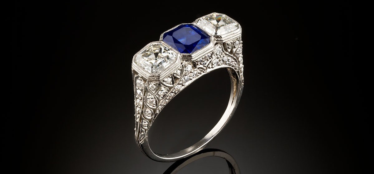 Art Deco Sapphire and old Asscher cut diamond ring