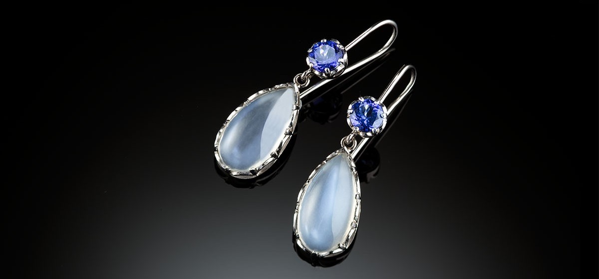 Contemporary handcrafted moonstone and tanzanite pendant earrings