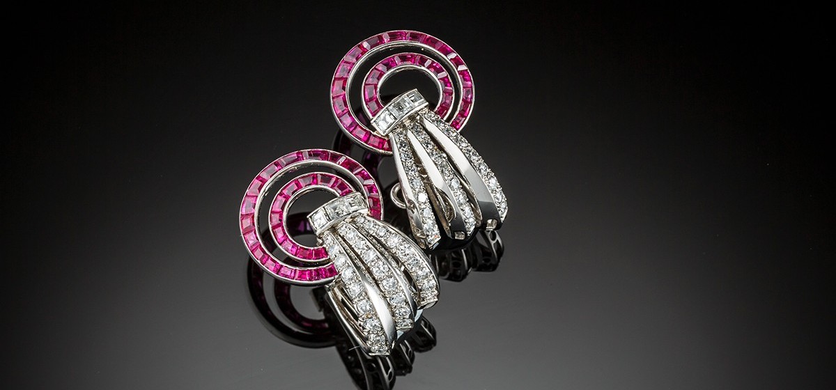 Early Retro ruby diamond and platinum ear cuffs