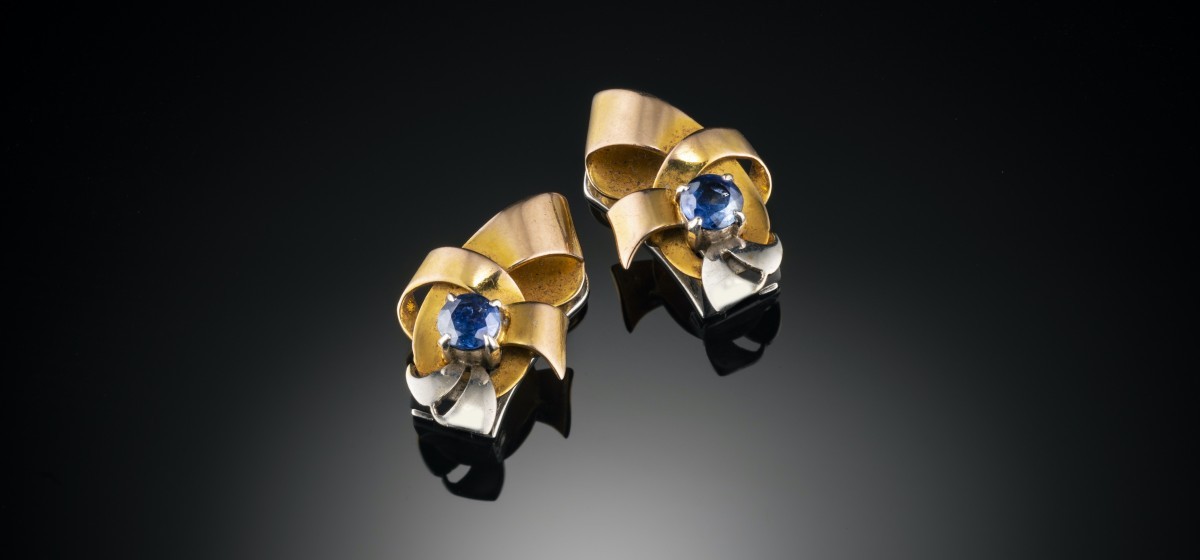 RETRO TWO COLOUR GOLD AND FACETED SAPPHIRE RIBBON CLIP EARRINGS