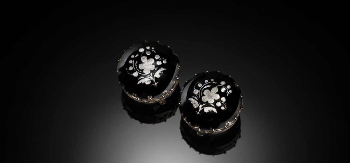  ANTIQUE BLACK ENAMEL AND INLAID SILVER EARRINGS