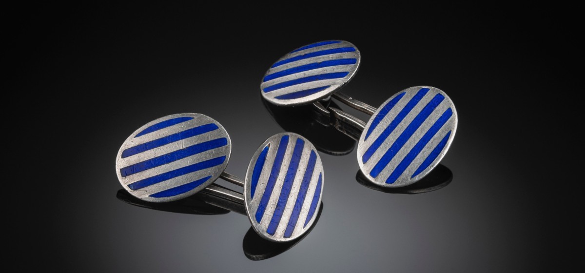 ART DECO FRENCH SILVER AND BLUE ENAMEL DOUBLE CUFFLINKS