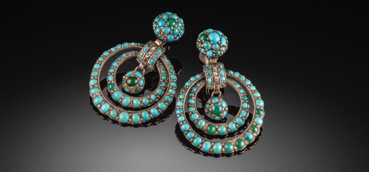 ANTIQUE TURQUOISE SEED PEARL AND GOLD DOUBLE HOOP EARRINGS