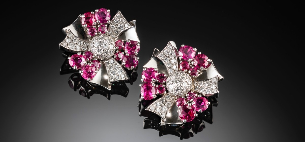 Ruby, diamond and platinum ear-clips from the 1940s