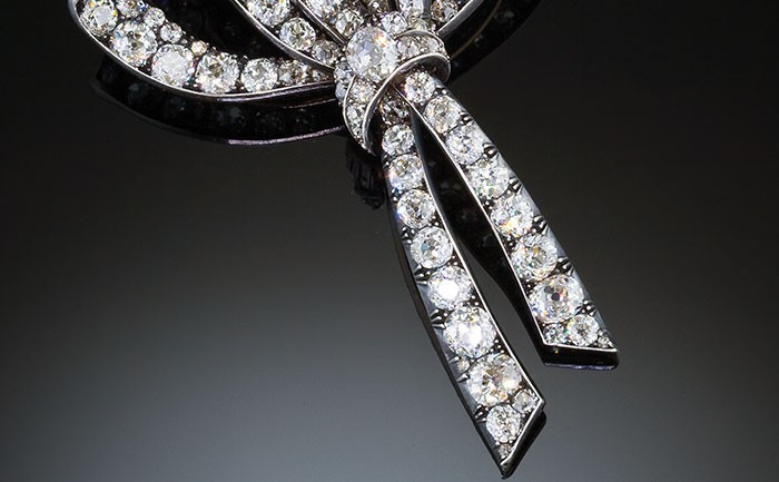 Large antique diamond triple loop ribbon bow brooch - James Alfredson