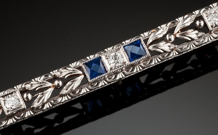 Early twentieth century diamond and sapphire brooch. Krementz