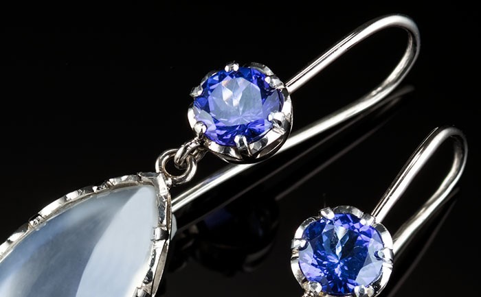 Contemporary handcrafted moonstone and tanzanite pendant earrings