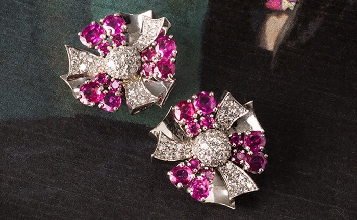 Ruby, diamond and platinum ear-clips from the 1940s