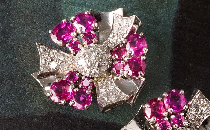 Ruby, diamond and platinum ear-clips from the 1940s