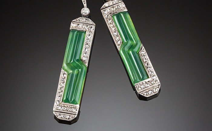 Art deco diamond chrysoprase and platinum pendant earrings 