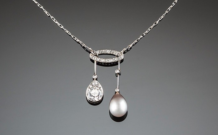 A Belle Epoque  diamond, natural pearl and platinum lavaliere necklace 