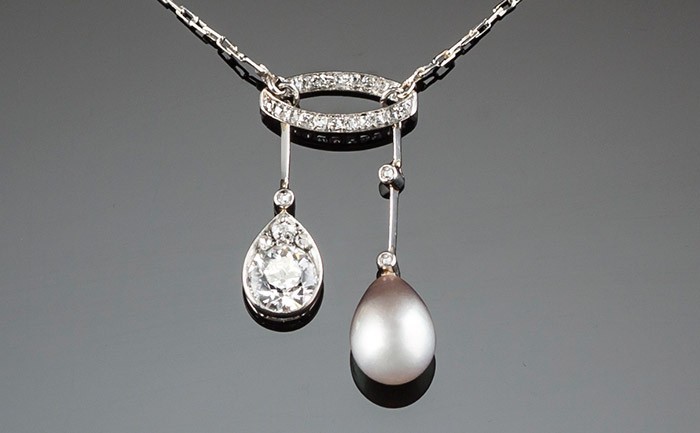 A Belle Epoque  diamond, natural pearl and platinum lavaliere necklace 