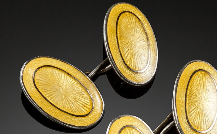 Art Deco double oval cuff links of yellow enamel and silver