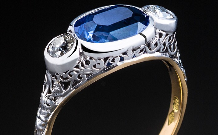 Detail of an Early Twentieth Century sapphire and diamond ring in platinum and yellow gold