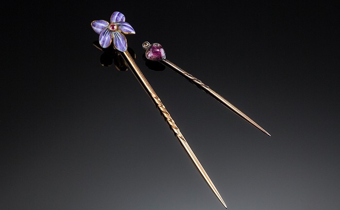 A pair of love token enamelled stick pins by Child & Child 