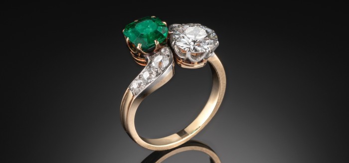 1920s Platinum and Diamond Toi Et Moi Ring (with Emeralds)