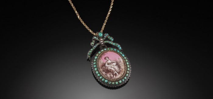 FRENCH ANTIQUE LOCKET WITH TURQUOISE, SEED PEARLS AND GRISAILLE ENAMEL