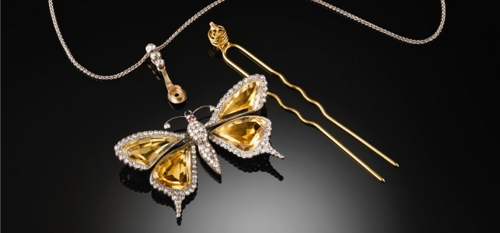 BELLE EPOQUE CITRINE AND DIAMOND LARGE BUTTERFLY BROOCH WITH HAIR ORNAMENT AND PENDANT FITTINGS